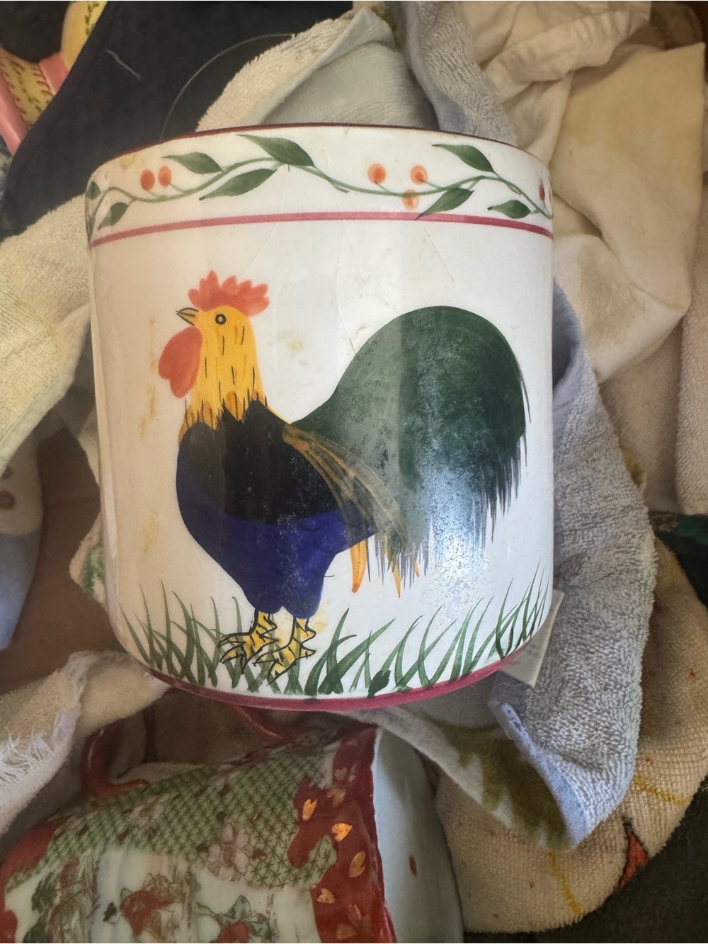 Hand-Painted Rooster Ceramic Wall Art - White with Green and Yellow